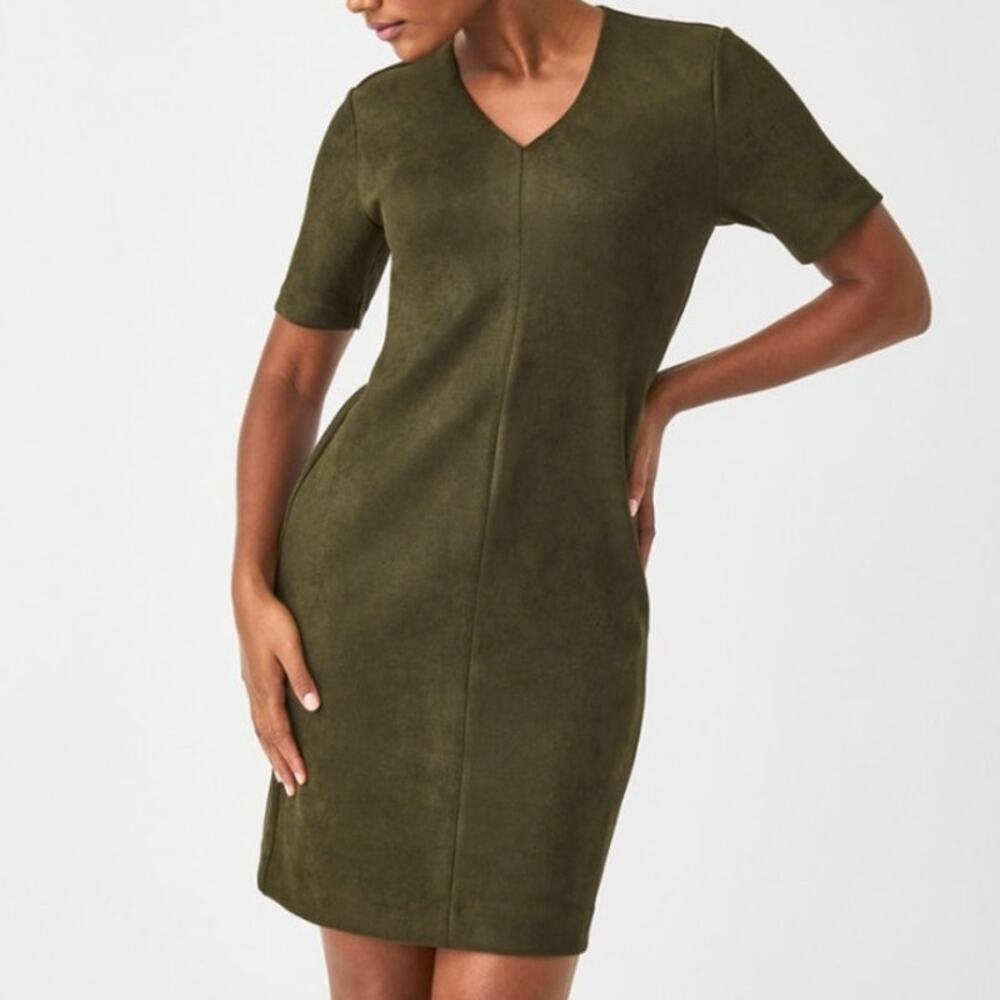 Spanx Faux Suede Column Dress XL Olive Green Utility V-Neck Short Sleeve Shift